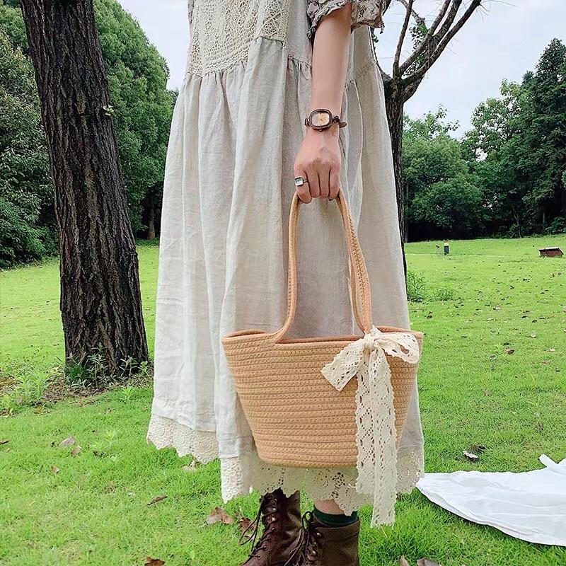 Túi Cói Sợi Dệt Nơ Ren Vintage