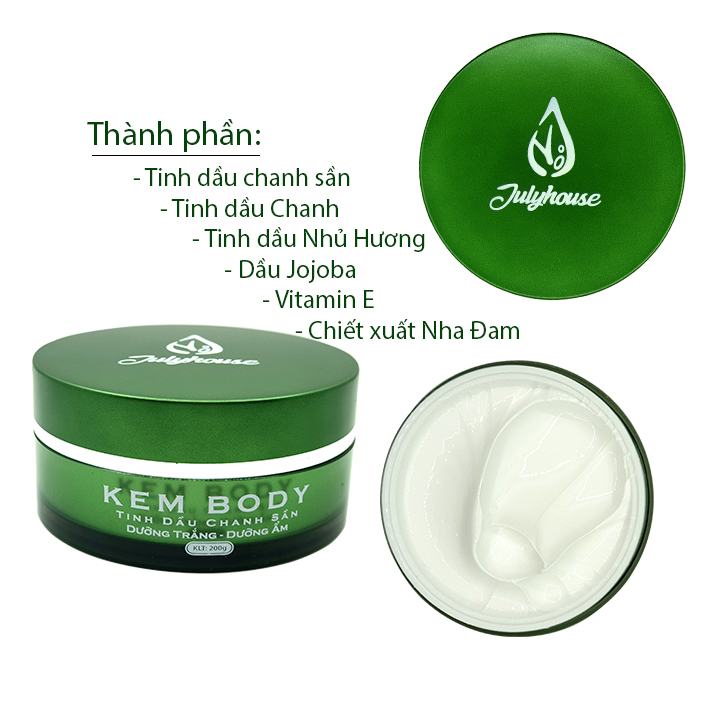 Kem body tinh dầu Chanh Sần 200g JULYHOUSE công dụng dưỡng trắng và dưỡng ẩm da cơ thể hiệu quả, không bết dính đem lại làn da sáng mịn mềm mại hàng công ty chính hãng xuất xứ Việt Nam