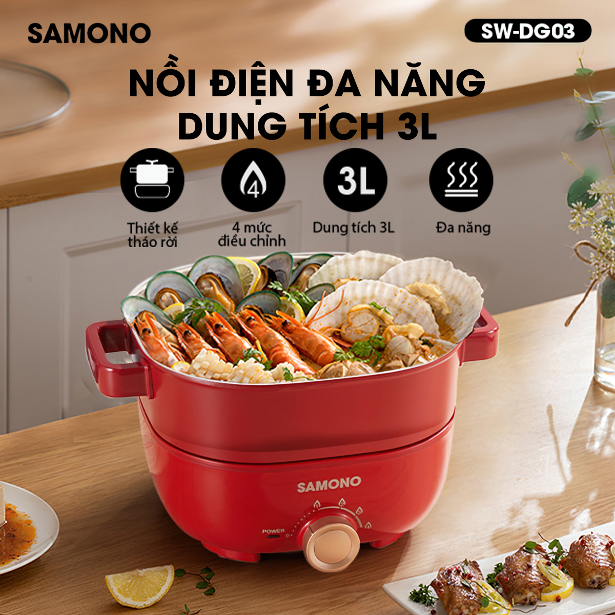 Nồi Điện Đa-zi-năng SAMONO SW-DG03 - Thiết Kế Tháo Rời - Điều Chỉnh 4 Mức Lửa - Kèm Theo Ngăn Hấp INOX304 - HÀNG CHÍNH HÃNG