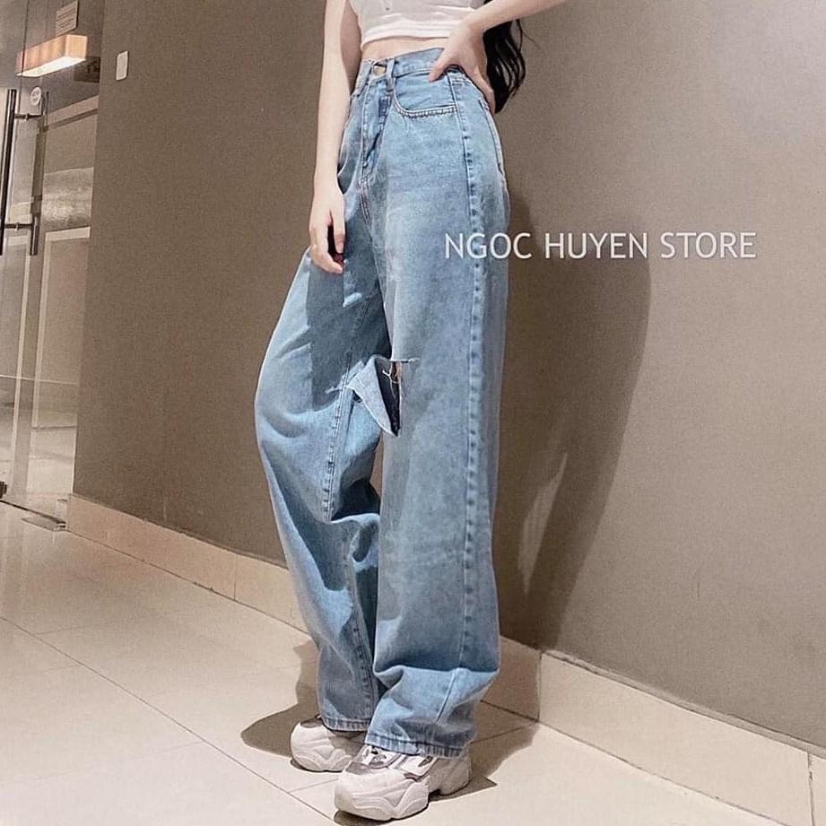 Quần jeans nữ ống rộng màu xanh - Quần bò ống rộng rách gối - CM Shop