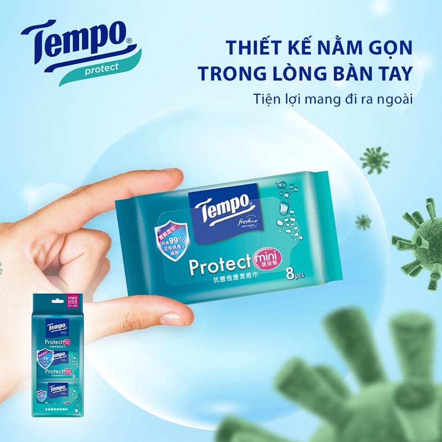 [MUA 3 LỐC TẶNG 2 GÓI KHĂN ƯỚT PROTECT] Khăn Uớt Mini Tempo Protect Ngăn Ngừa Vi Khuẩn cao cấp - Diệt khuẩn 99% - Thương hiệu Đức