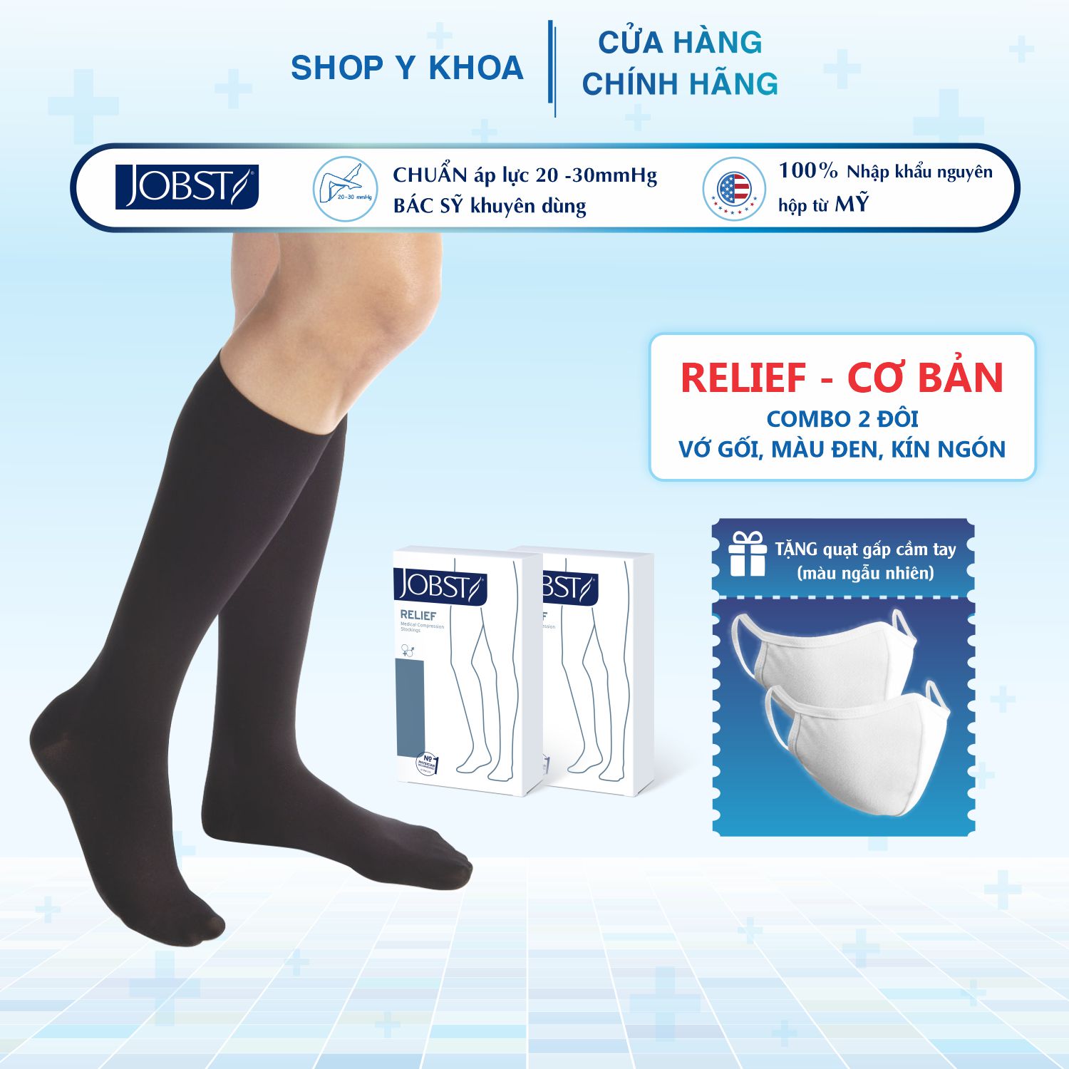 Combo 2 đôi Vớ y khoa gối JOBST Relief - Cơ bản, màu đen, kín ngón, 20-30mmHg, giãn tĩnh mạch chân (tất y khoa)