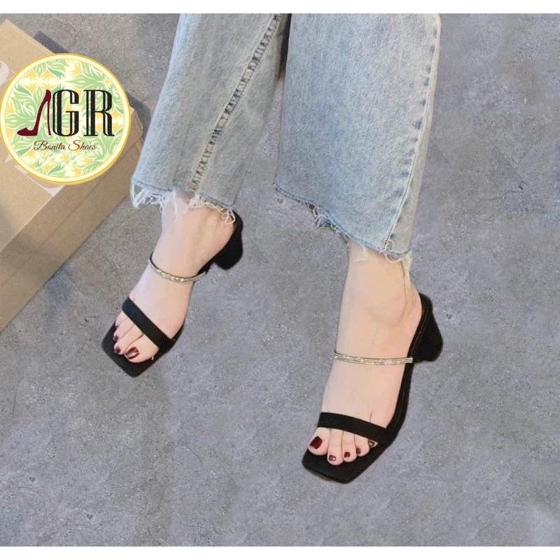 Guốc nỉ phối dây đá sáng gót vuông 6p