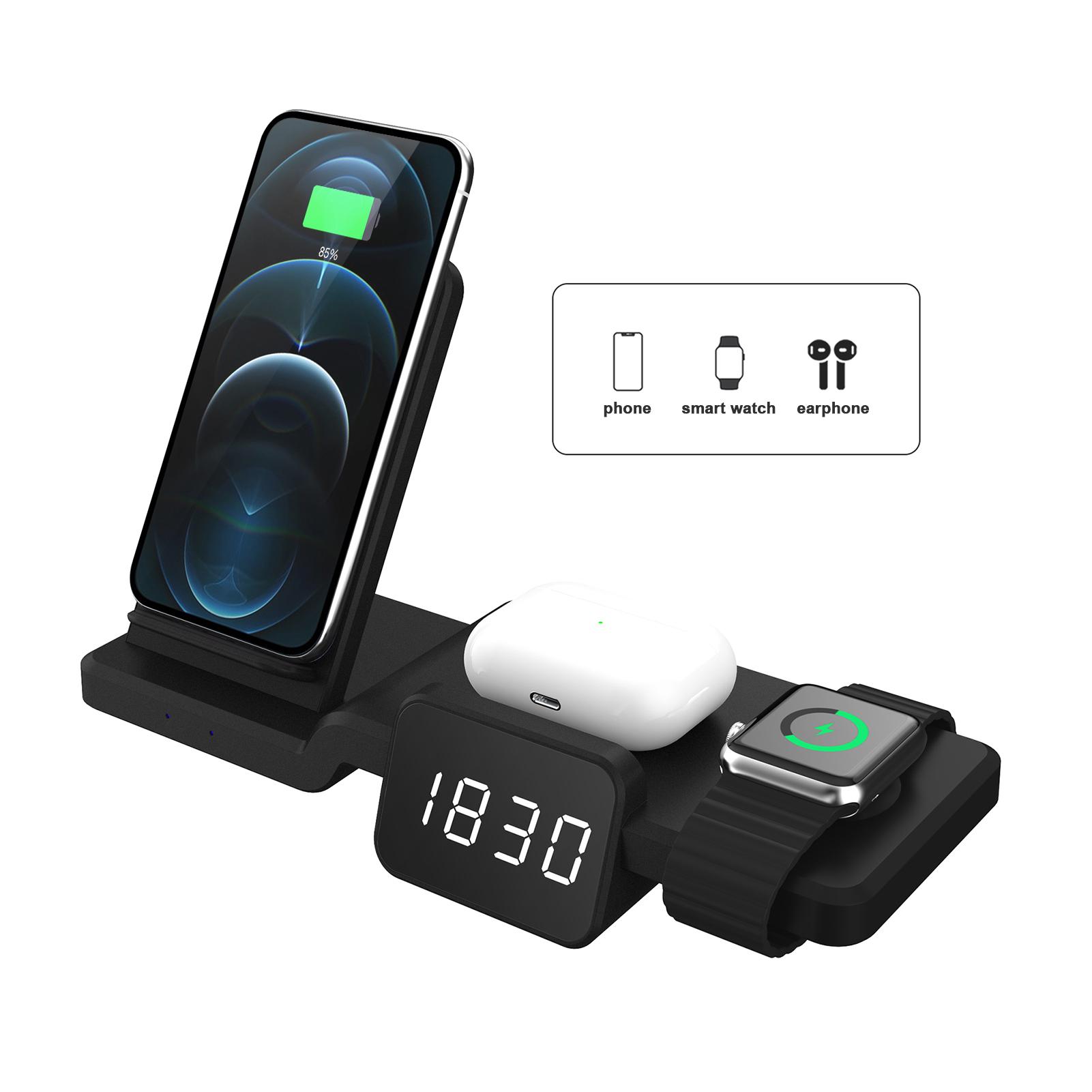 Đế sạc không dây 3 trong 1 có đồng hồ để sạc nhiều thiết bị Tương thích với điện thoại Android và iOS