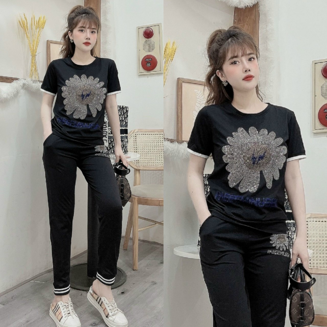 Đồ bộ thun cotton bo chân đính đá cườm hoa cúc tia chớp