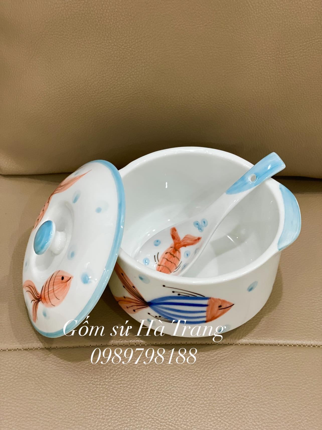 Thố chưng yến dung tích 600ml gốm sứ Bát Tràng cao cấp vẽ hoạ tiết cá kèm thìa