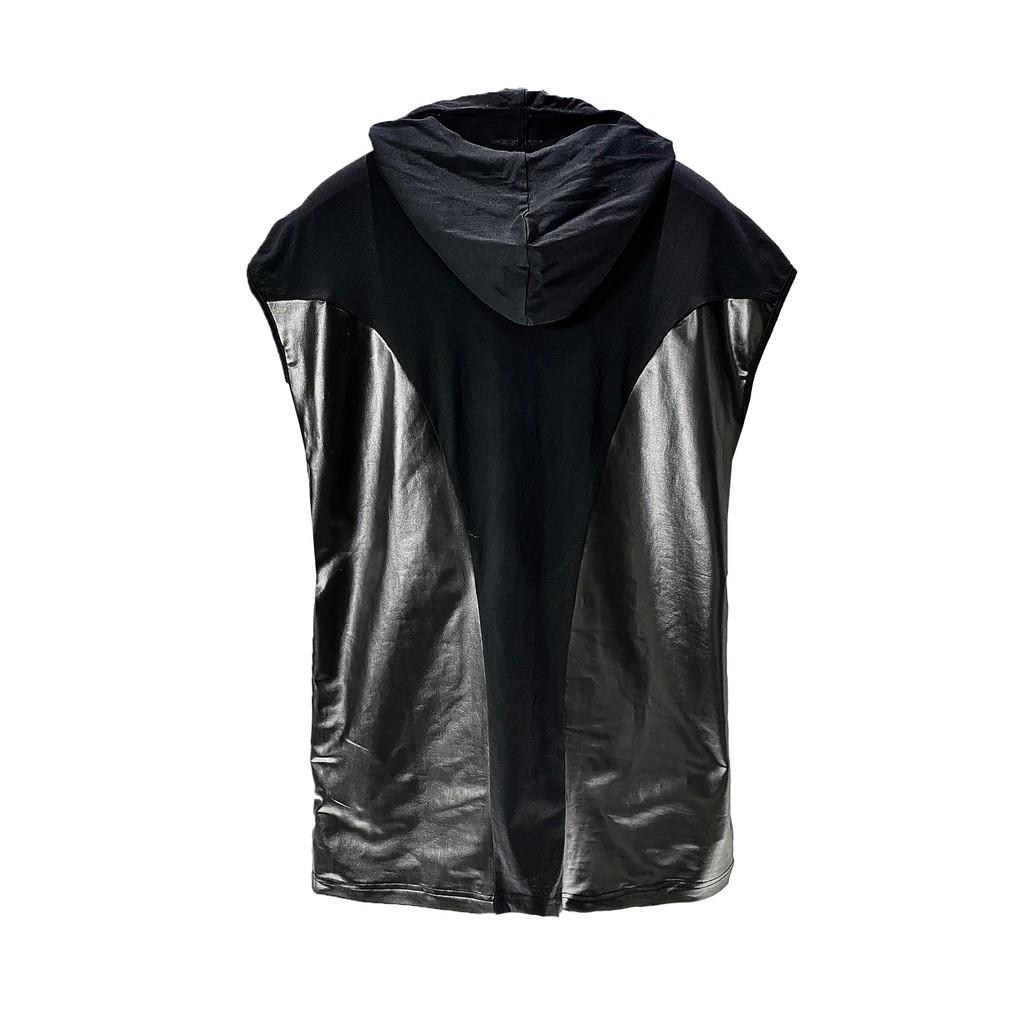 Áo Ba Lỗ Hoodie Tanktop Nam 12.DESTINY Phối Da 2 Bên Sườn Phá Cách Có Mũ Và Dây Tinh Chỉnh Chất Liệu Cotton Premium Đen