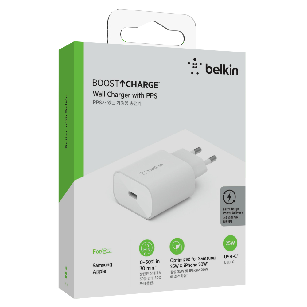 Adapter sạc nhanh chân tròn BOOST↑CHARGE 25W USB-C PD (PPS) Belkin - WCA004krWH. - Hàng chính hãng - Bảo hành 2 năm