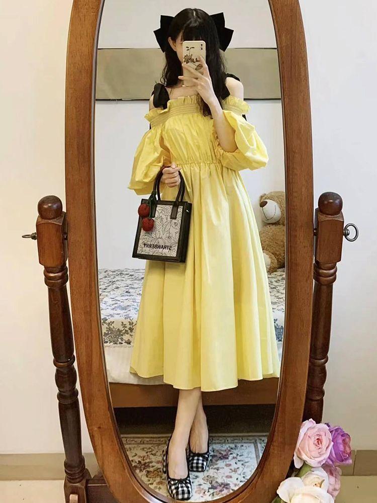 SHUANGYAN Phong cách Pháp trà nghỉ công chúa phong siêu tiên khí chất một chữ cổ hở vai đầm nữ sinh mùa hè trung bình dài chữ A váy