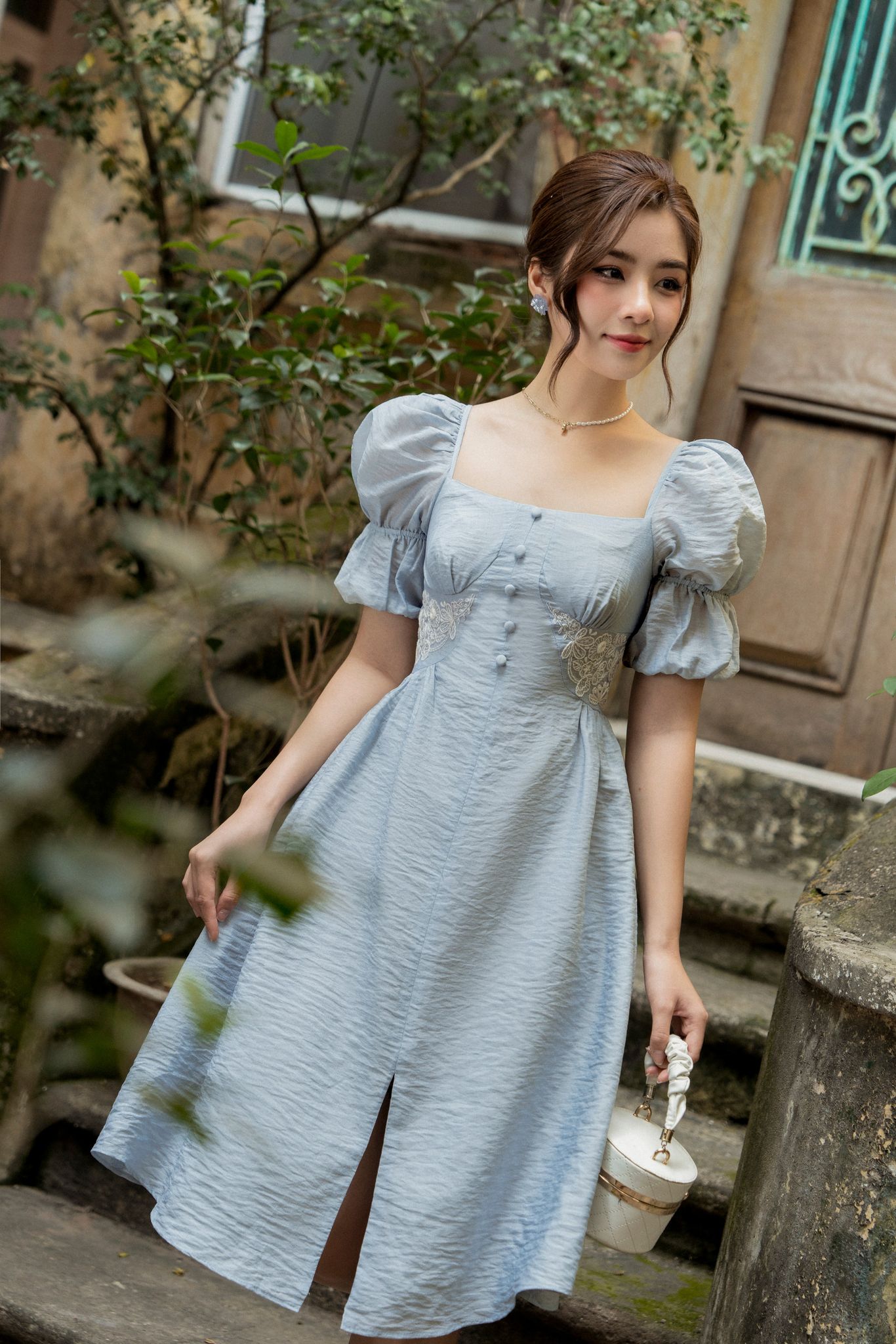 OLV - Đầm Indigo Button Embro Dress