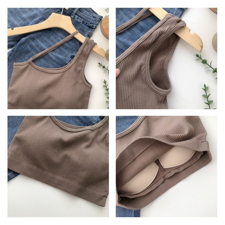 Áo hai dây quai chéo dáng croptop có đệm ngực, bra gân tăm hot hit có mood ngực thời trang