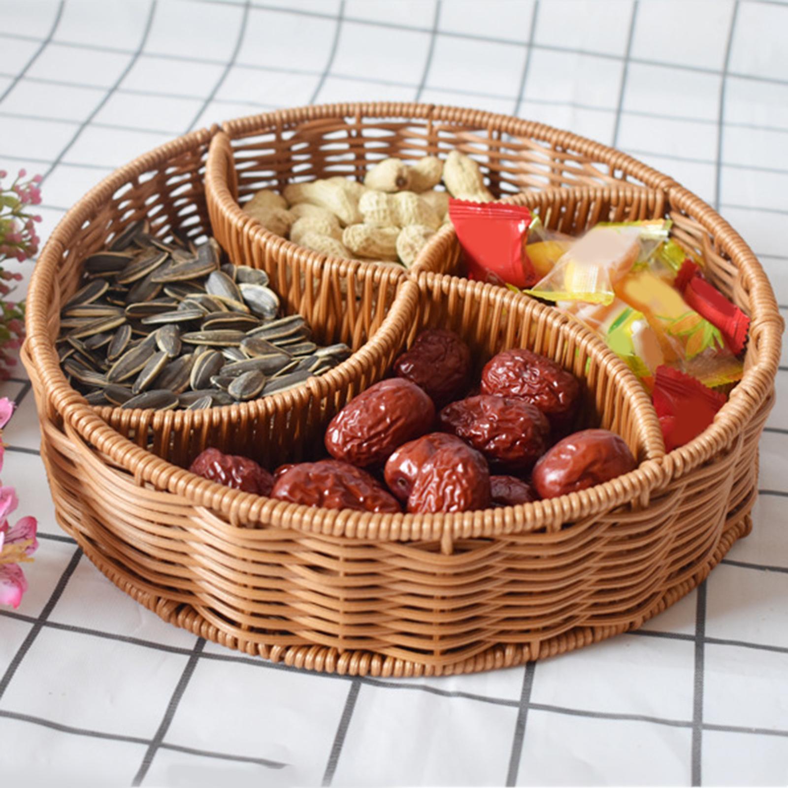 Hand Woven Serving Basket Food Storage Tray Divided Dividers Candy Serving Tray Round Fruit Basket for Hotel Breakfast Pantry