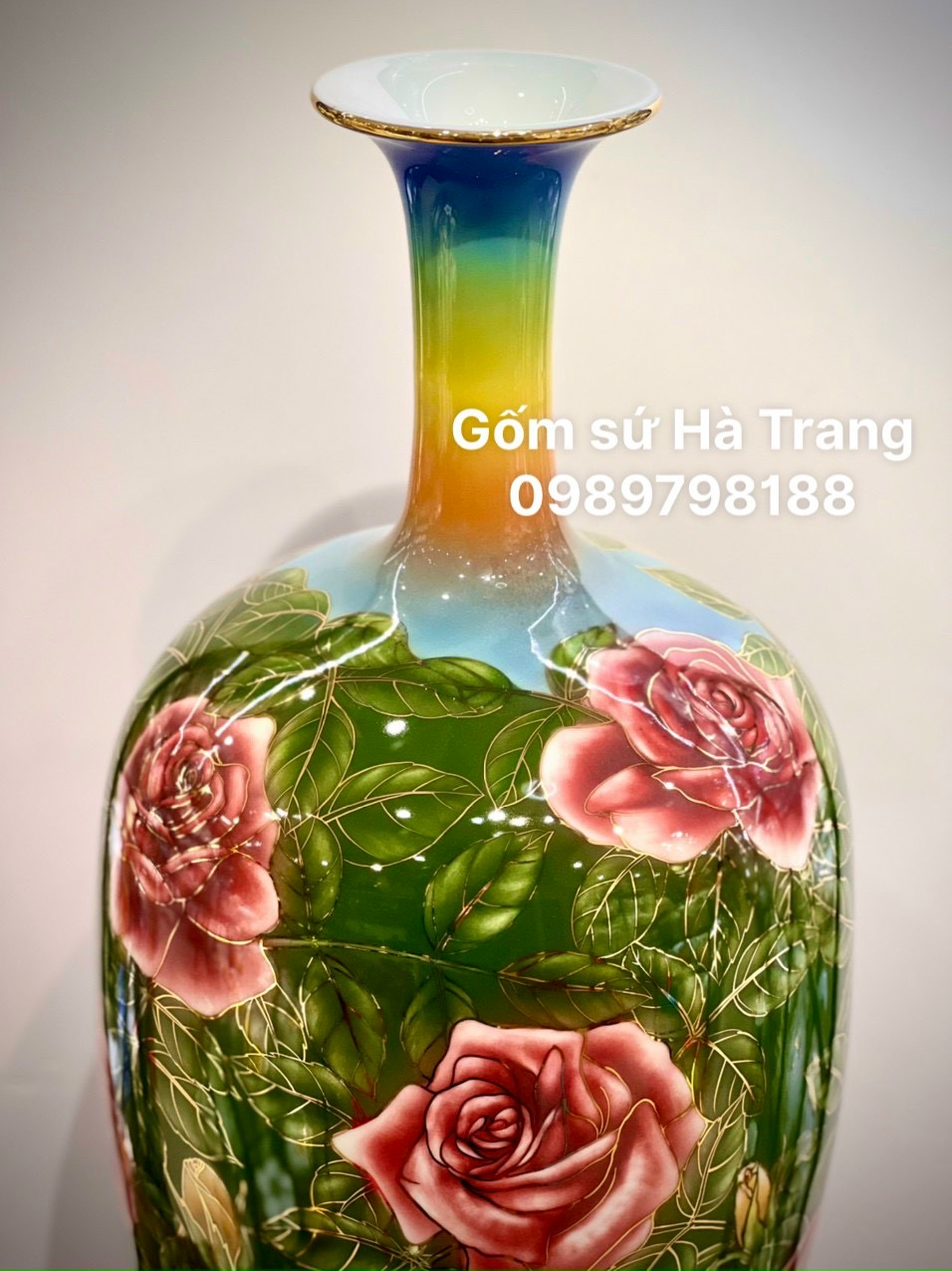Bình hút tài lộc gốm sứ Bát Tràng cao cấp vẽ 3D vẽ vàng cao 60cm