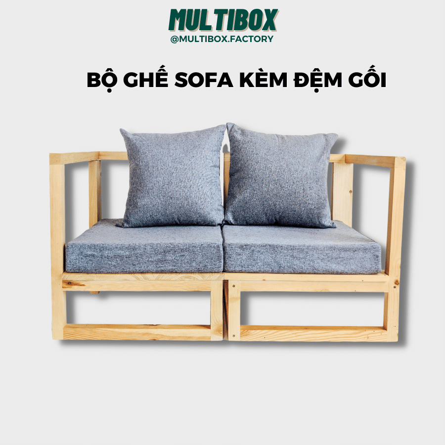 Bộ Ghế Sofa Kèm Đệm Gối Ngồi Phòng Khách MultiBox, Ghế Sô Pha Gỗ Đa Năng Trang Trí Ngồi Chill Ban Công