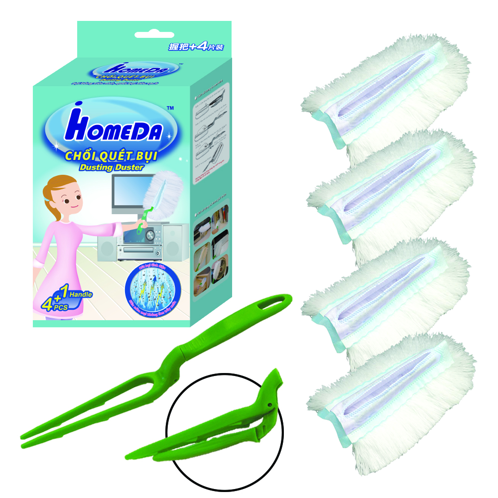 Chổi quét bụi tĩnh điện Ihomeda ( 1 cán + 4 bông lau) - iHomeda Static Dusting Duster ( 1 Mop + 4 Cleaning Dry Cottons )