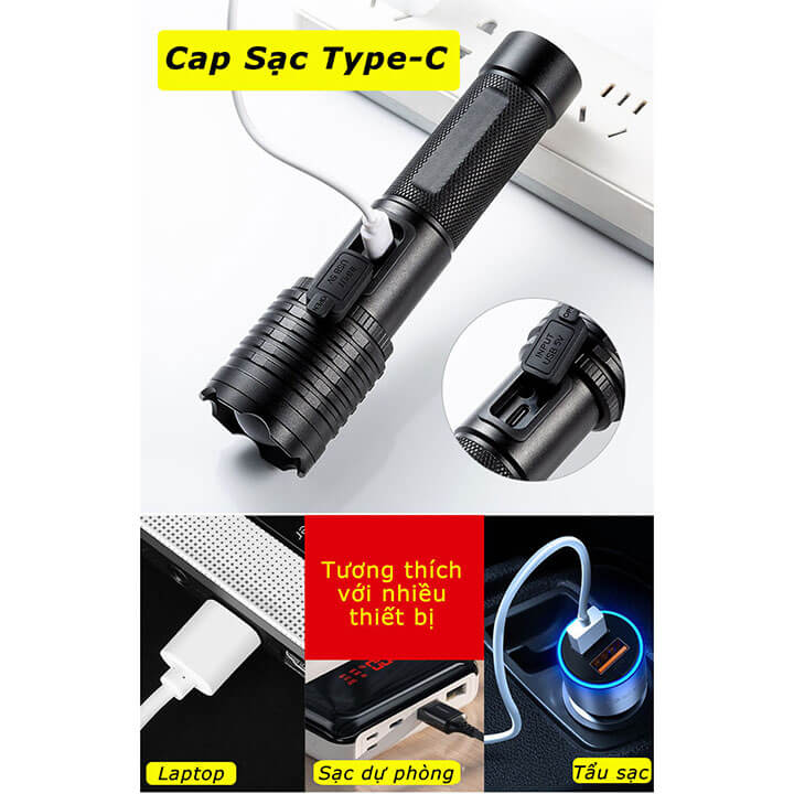 Đèn pin siêu sáng XHP50 chiếu xa 500m A998, chống nước IP65, pin sạc 18650 tích hợp, đèn pin cầm tay 3 chế độ