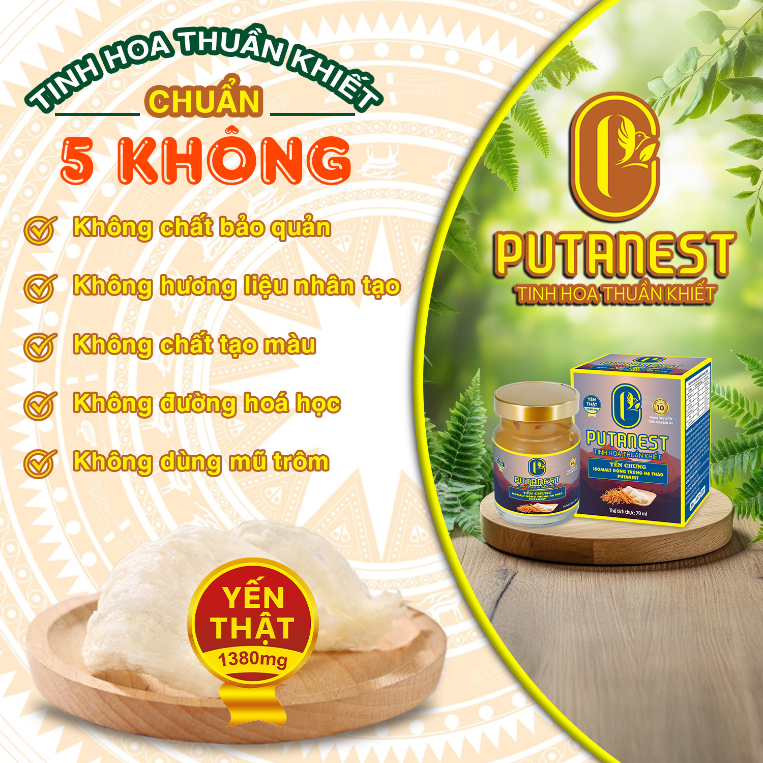 Yến chưng Isomalt Đông trùng hạ thảo PUTANEST hộp quà cao cấp 12 hũ 70ml cho người tiểu đường