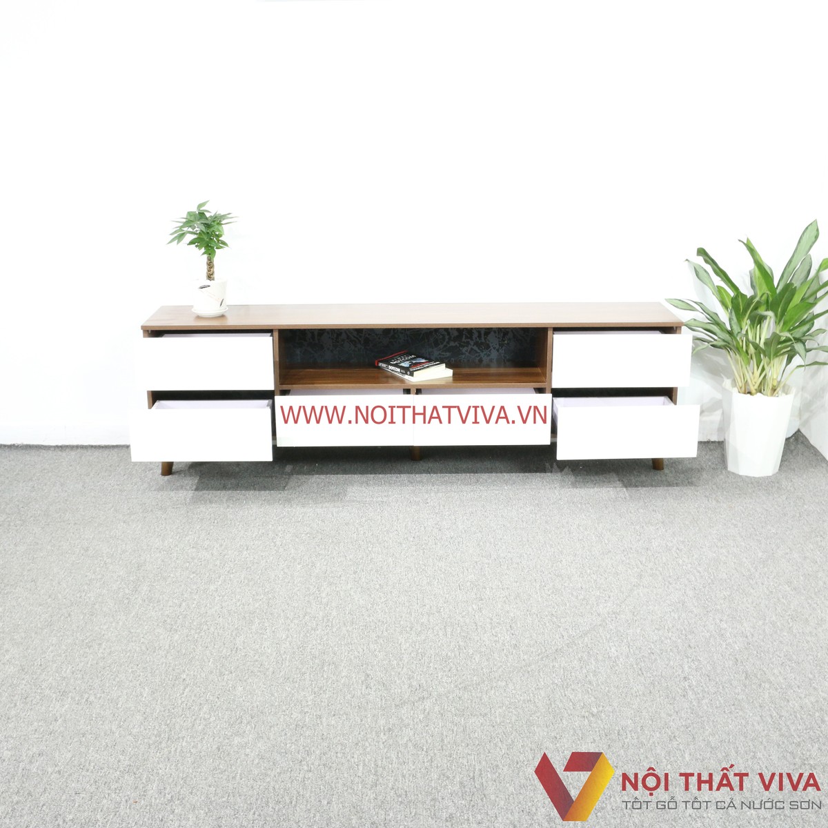 Kệ Tivi Gỗ MDF Melamine Màu Óc Chó 6 Hộc Kéo Trắng Đẹp Hiện Đại