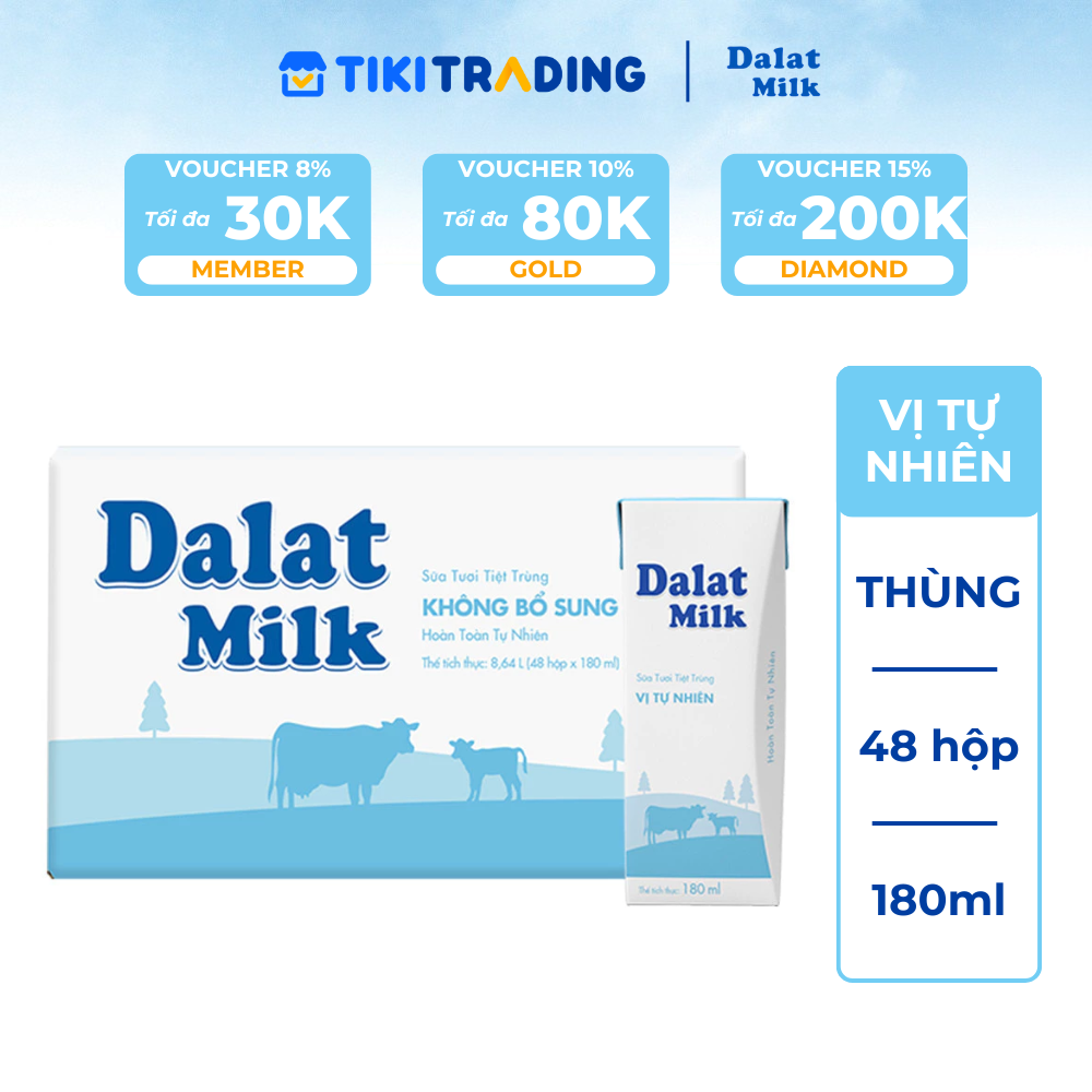 Thùng 48 hộp sữa tươi tiệt trùng Dalatmilk vị tự nhiên 180ml