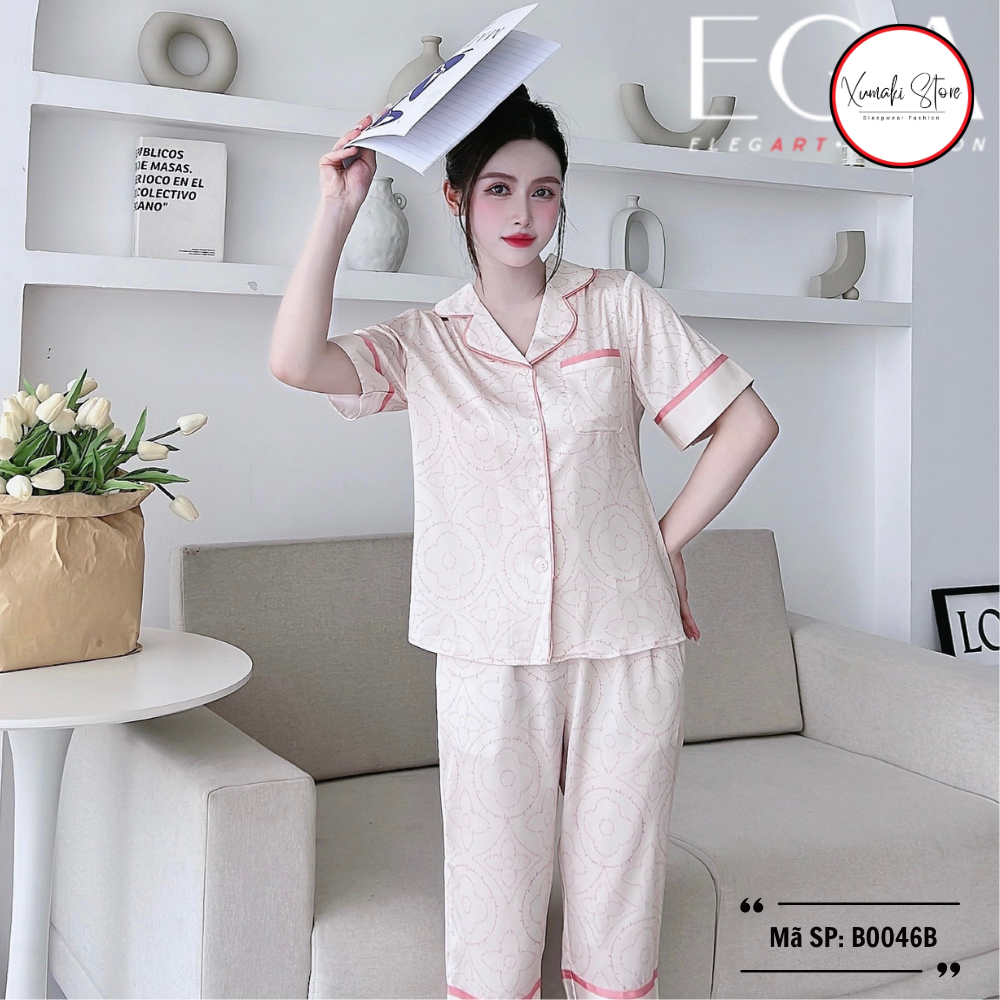 Bộ pijamas nữ áo cộc quần ngố họa tiết đơn giản lụa cao cấp Xumaki Store BO046B
