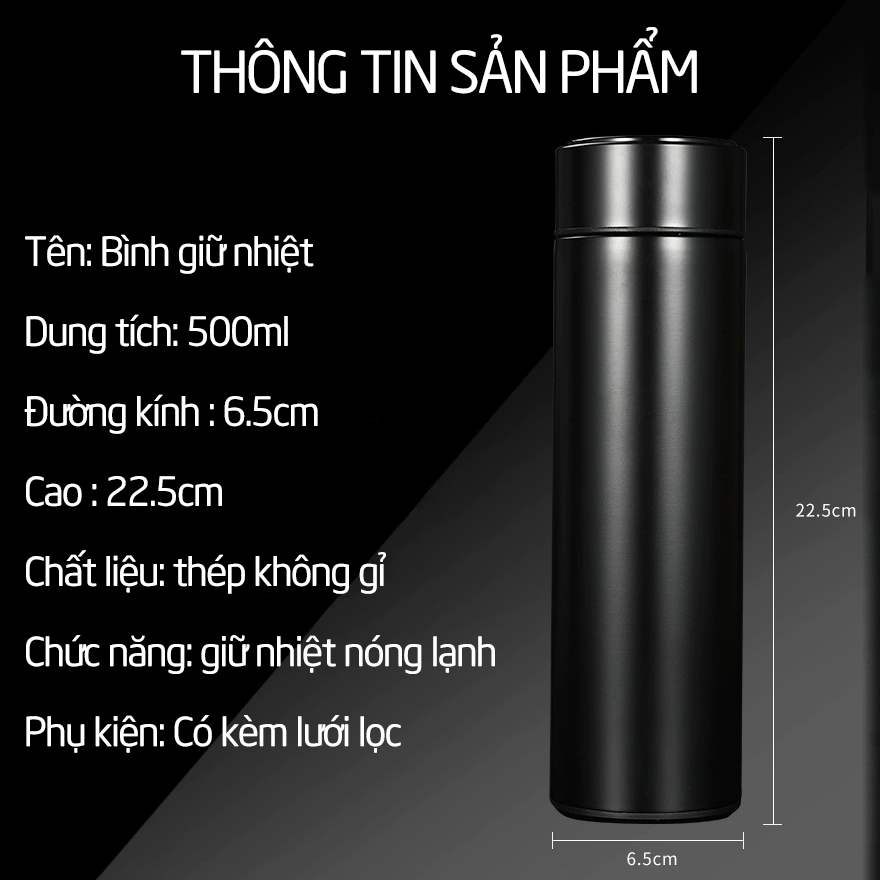 Bình Giữ Nhiệt Hiển Thị Nhiệt Độ Cảm Ứng Nóng Lạnh Inox Bình Lưỡng Tính 500ml 2 Lớp Có Tấm Lọc Giữ Nhiệt Lên Đến 8 Tiếng - Đen