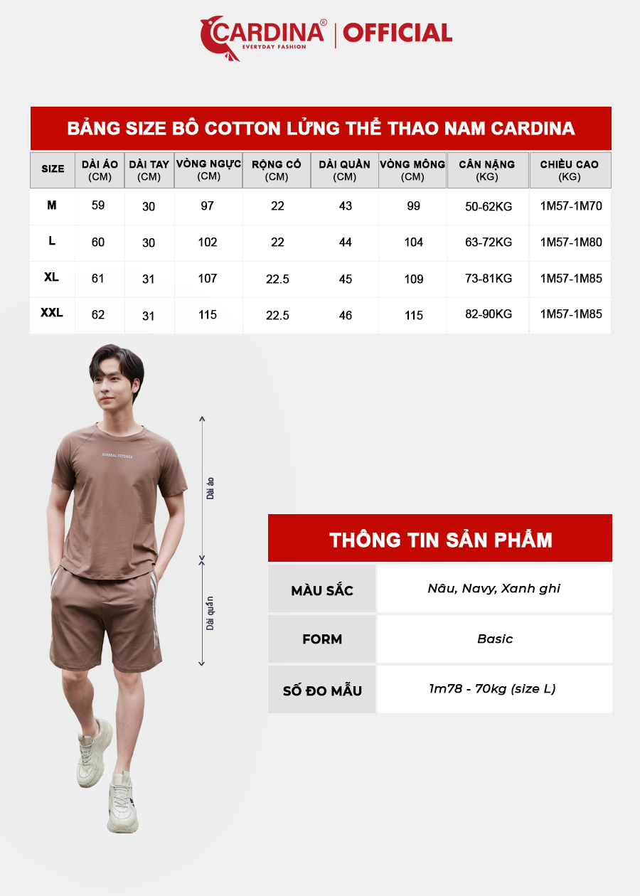 Đồ Bộ Nam CARDINA Chất Cotton Cao Cấp Áo Cộc Tay In Chữ Kiểu Dáng Thể Thao Năng Động 3CM02