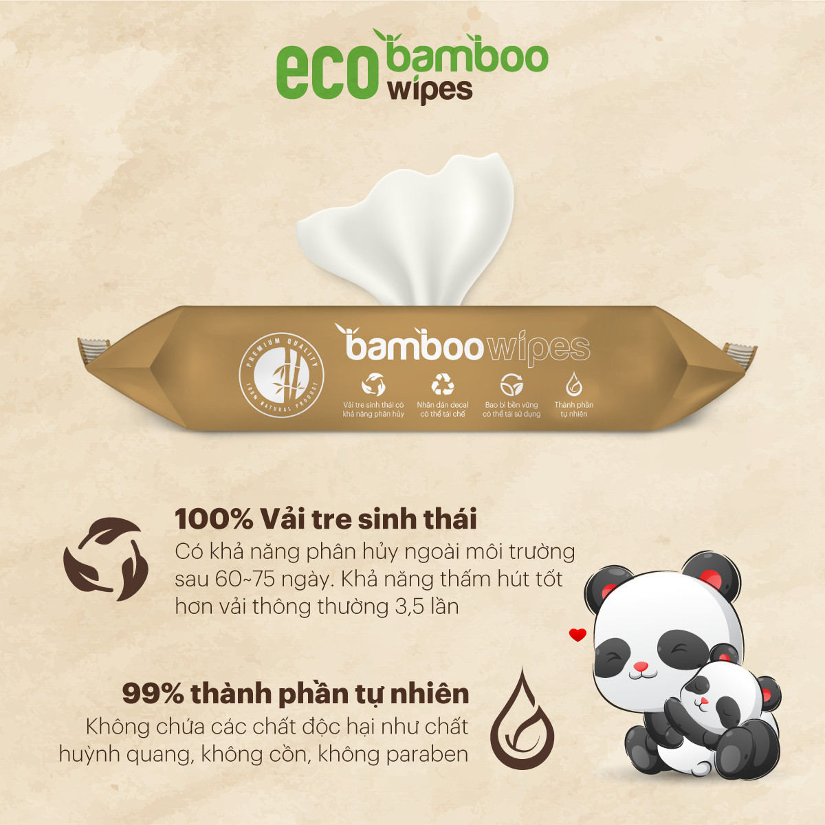 Thùng 90 khăn ướt cao cấp EcoWipes bamboo 20 tờ vải sợi tre sinh thái không mùi có thể phân hủy