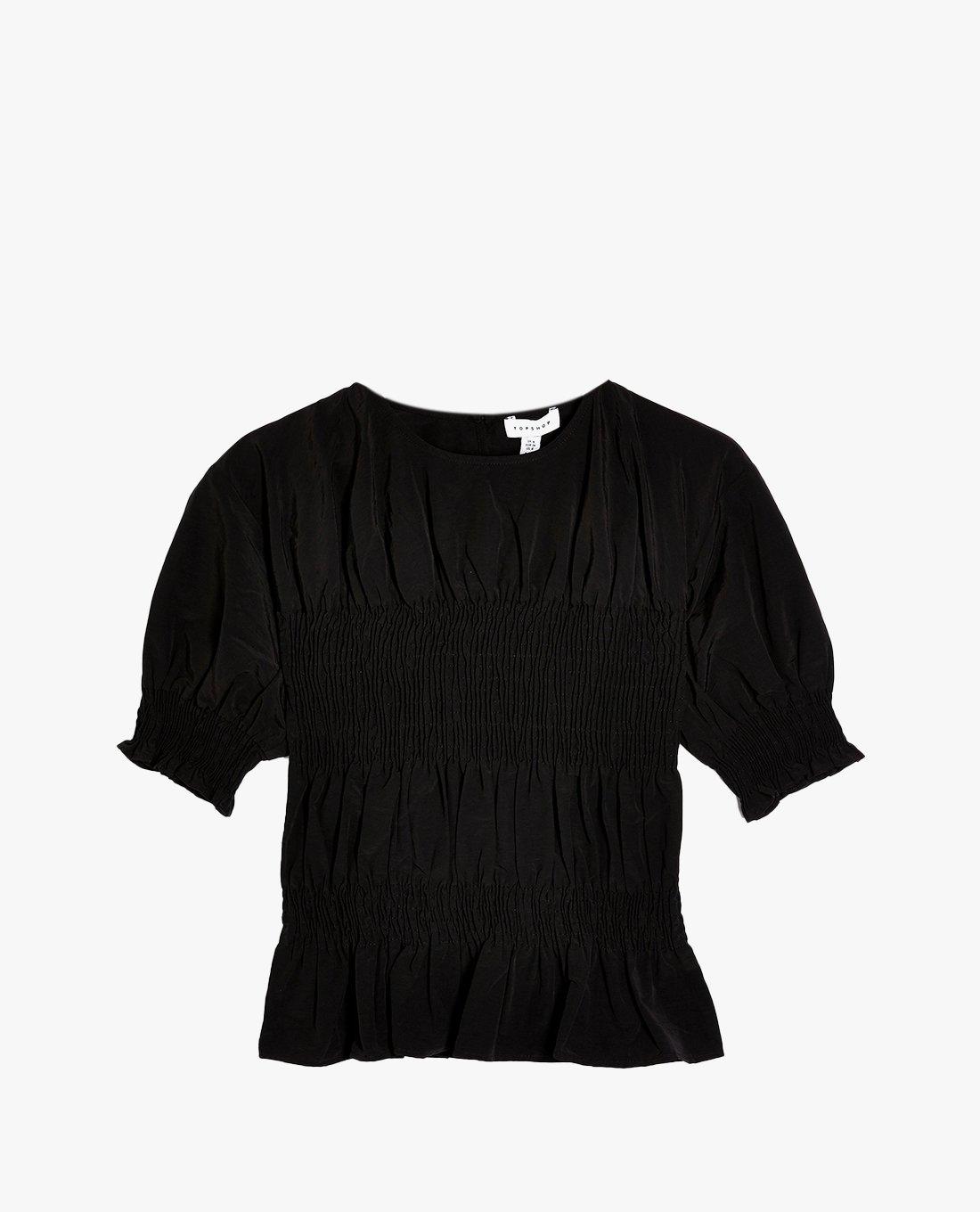 TOPSHOP - Áo kiểu nữ ngắn tay nhún bèo Black Shirred Poplin 13Y13TBLK