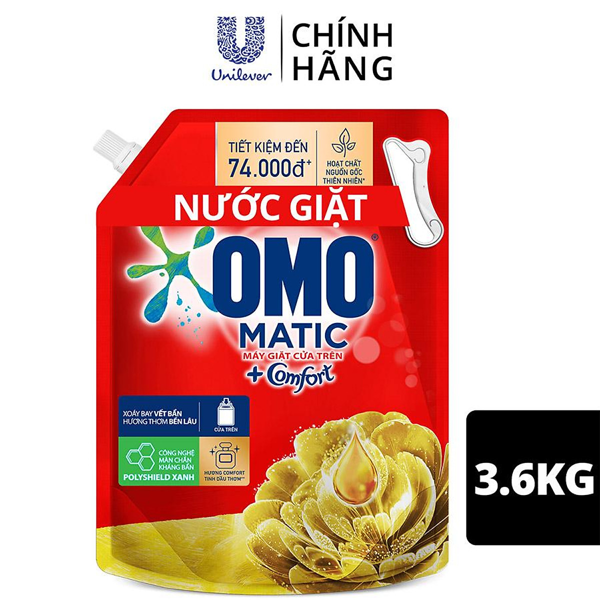 Nước giặt OMO Matic Comfort hương Tinh dầu thơm cho máy giặt cửa trên, xoáy bay vết bẩn, hương thơm bền lâu, túi 3.6kg