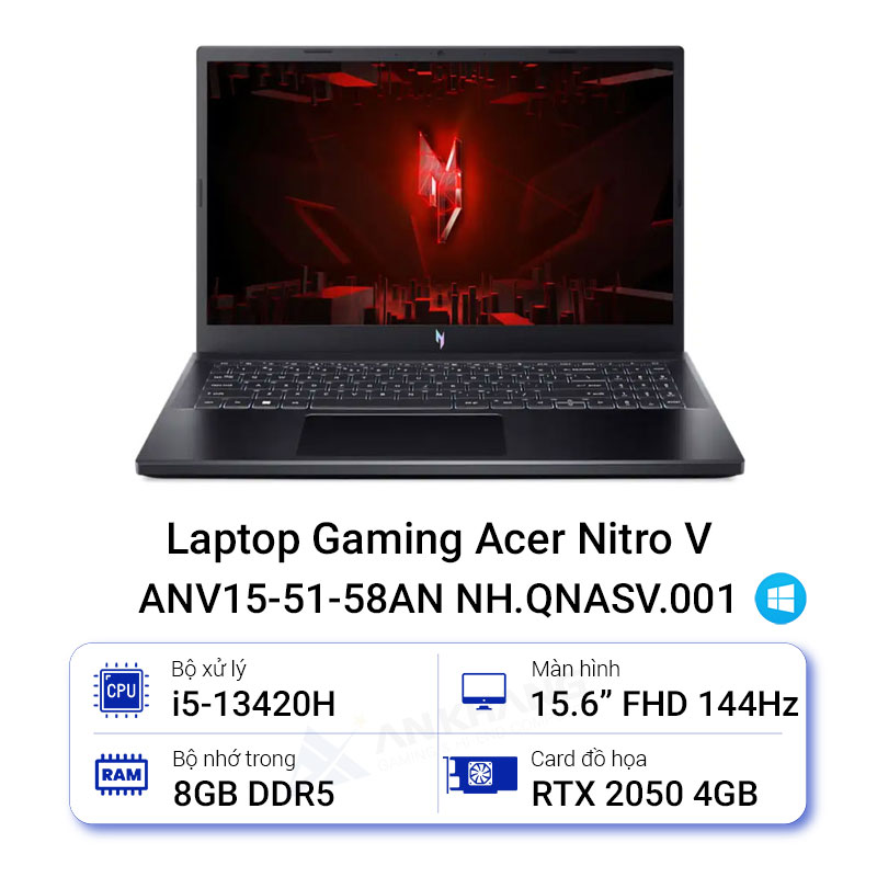 Máy tính xách tay Acer N23Q22 (ANV15-51-58AN) (i5-13420H;8GB; 512GB SSD; RTX2050/4GB;15.6&quot; FHD 144Hz; Win11; Đen;NH.QNASV.001) - HÀNG CHÍNH HÃNG