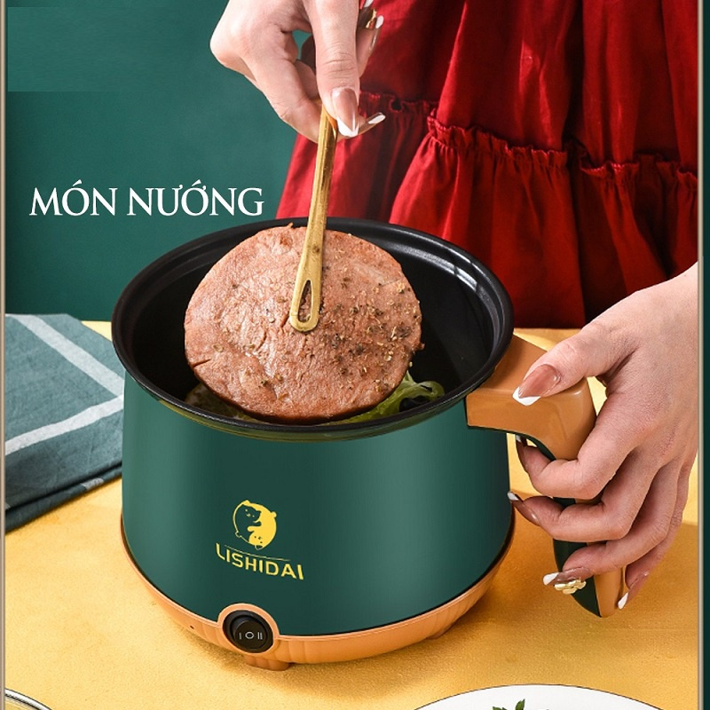 Nồi Lẩu Điện Mini, Nấu Mì 2 Tầng Kèm Giá Hấp inox Đa Năng, Nướng, Luộc, Chiên, Chống Dính