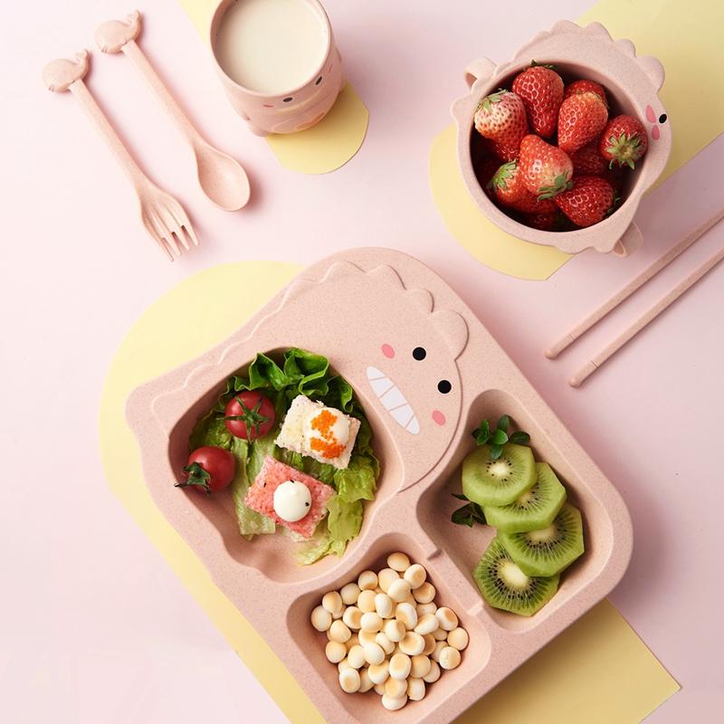 Bé Khủng Long Bộ Đồ Ăn 6 Trẻ Em Đĩa Dùng Tiệc Sợi Tre Tự Nhiên Bát Chén Muỗng Đĩa Dĩa Thả Chịu cho Ăn Món Ăn