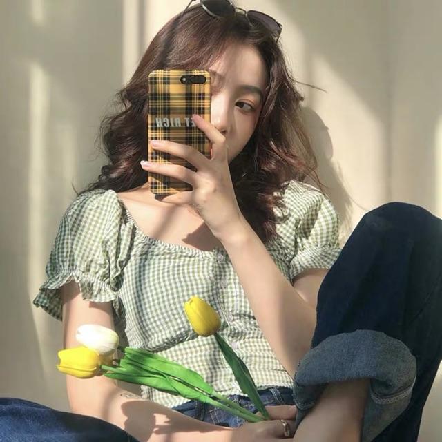  Áo caro croptop tay bồng phong cách Ulzzang Hàn Quốc