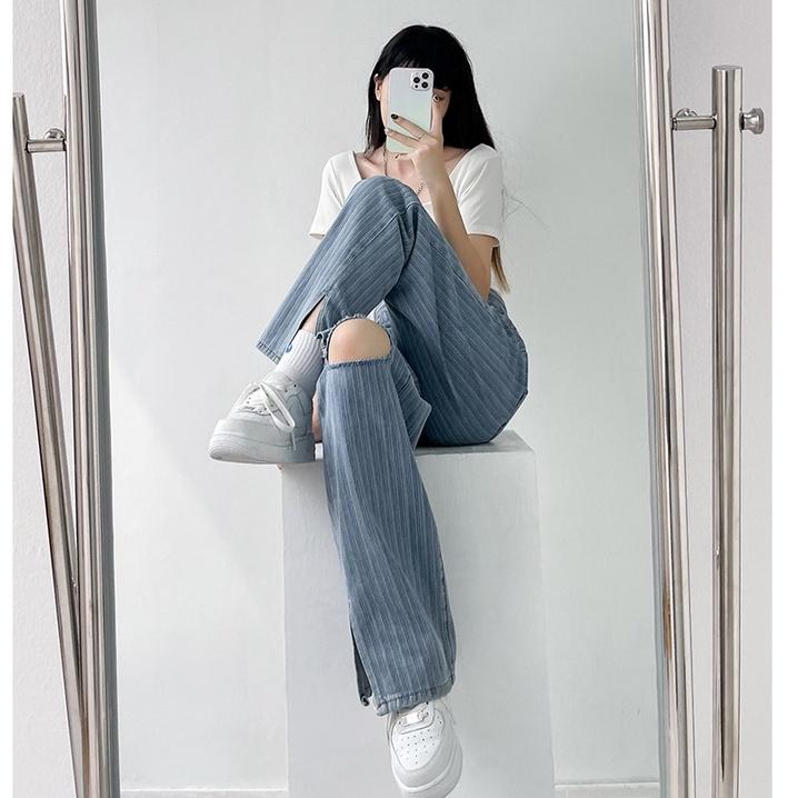 【Cocory】Women Korean Retro High waist Fork Loose Casual Straight Thin All Match Hole Jeans