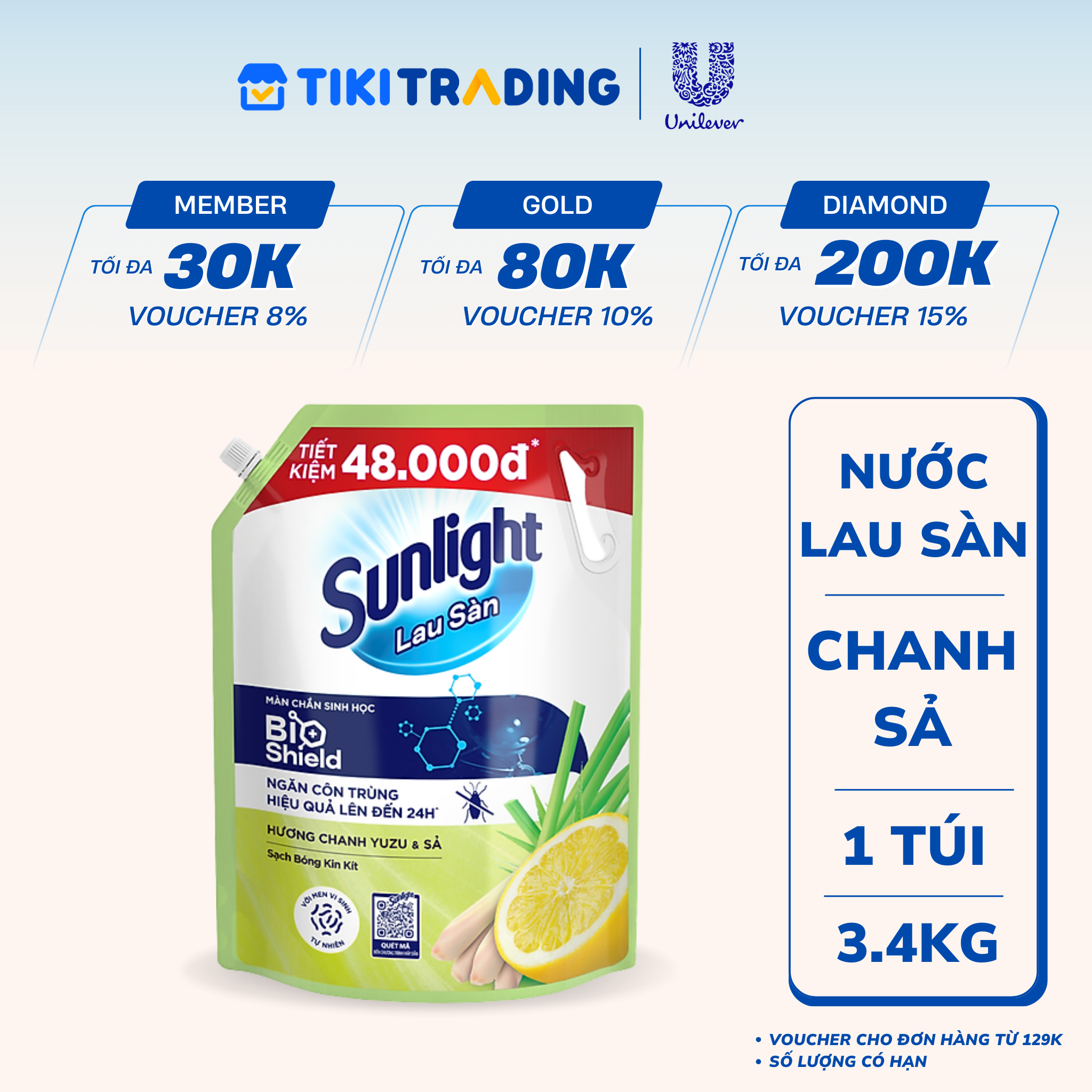 Nước Lau Sàn Sunlight BIOSHIELD Ngăn Côn Trùng Hiệu Quả Hương Chanh Yuzu &amp; Sả Túi 3.4KG