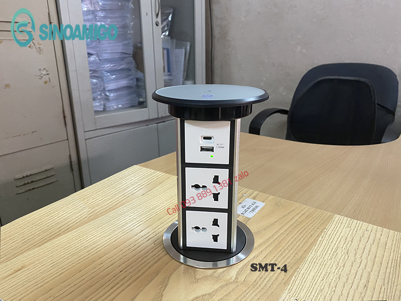 Ổ điện âm bàn đảo Sinoamigo SMT-4 màu bạc, đóng mở tự động, có sạc điện thoại không dây - Hàng nhập khẩu chính hãng