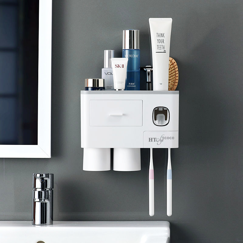 Combo kệ để đồ nhà tắm kèm bộ dụng cụ nhả kem đánh răng tự động tặng kèm 4 cốc từ tính, mẫu mới 2022