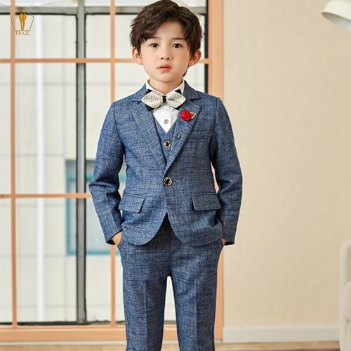 Set bộ vest bé trai TRAZ(áo vest+quần+gile)màu karo xước xám xanh vest đầy tháng thôi nôi(bé mũm mĩm tăng 1 đến 2 size)