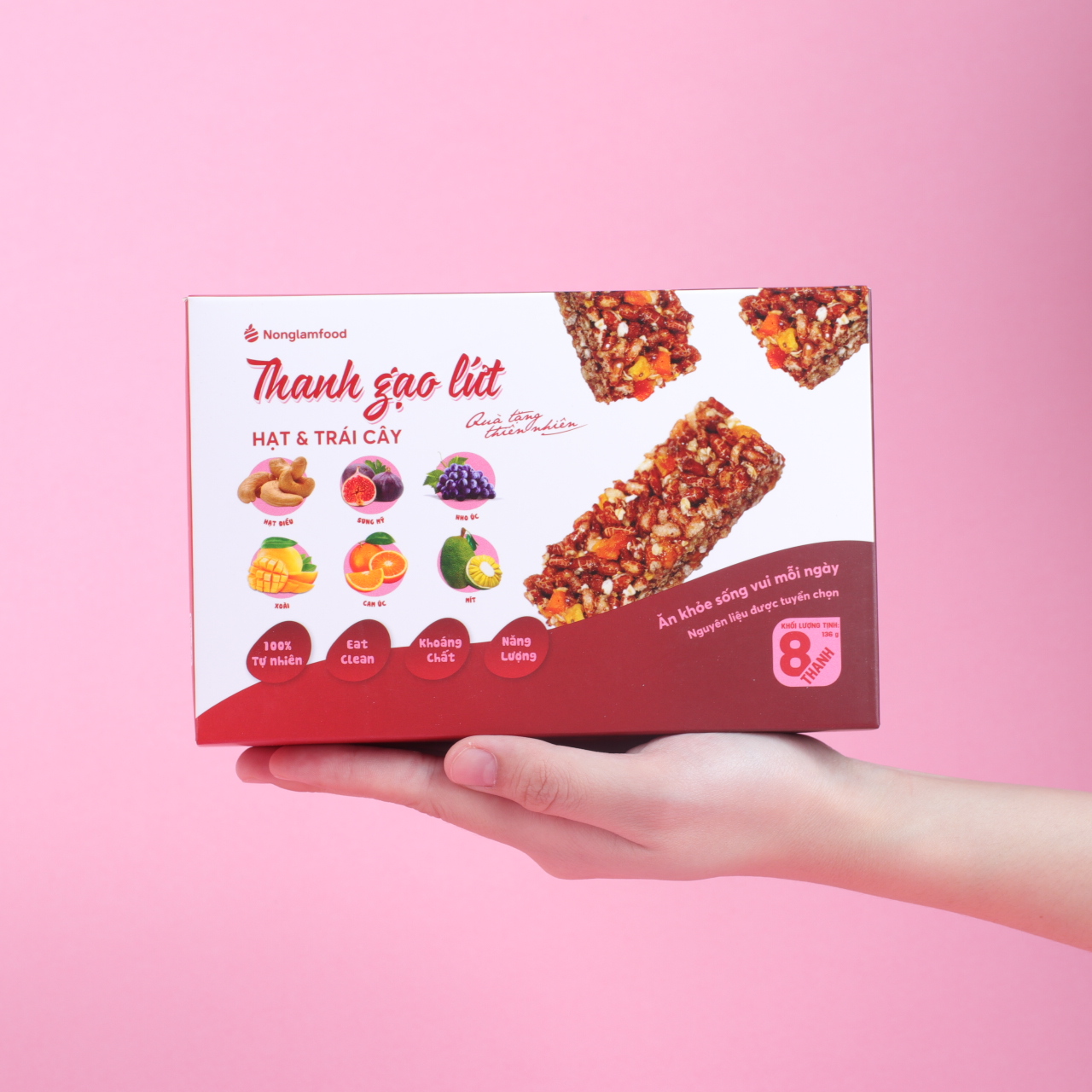 [THUẦN CHAY]Thanh gạo lứt hạt &amp; trái cây Nonglamfood hộp 8 thanh 136g | Chay mặn đều dùng được | Hỗ trợ ăn kiêng giảm cân | Bỏ sung dưỡng chất