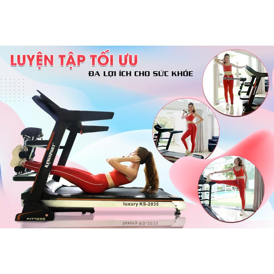 Máy chạy bộ KINGSPORT KS-2035 đa năng, thao tác phím cảm ứng, thiết kế sang trọng cứng cáp, kèm đai massage và thanh gập bụng, cân nặng phù hợp từ dưới 90-95kg