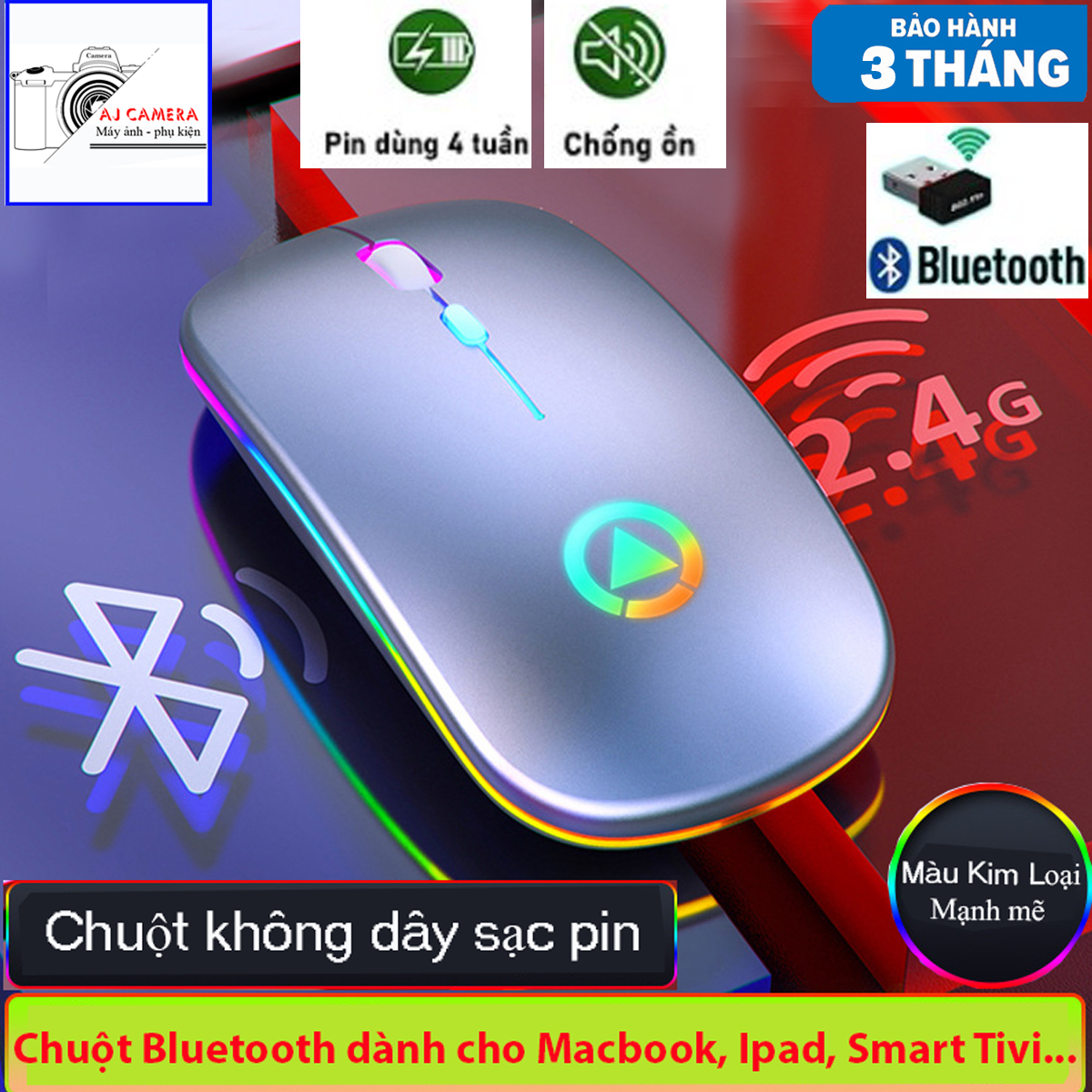 Chuột Không Dây Bluetooth Sạc Lại Khi Hết Pin Bản Cao Cấp, Chống Ồn Chế Độ Kép Wireless Usb 2.4Ghz, Bluetooth, Sạc 1 Lần Dùng 4 Tuần, Hiệu Ứng Đèn Led RGB Dành Cho Macbook, Laptop, iPad Và Smart TV