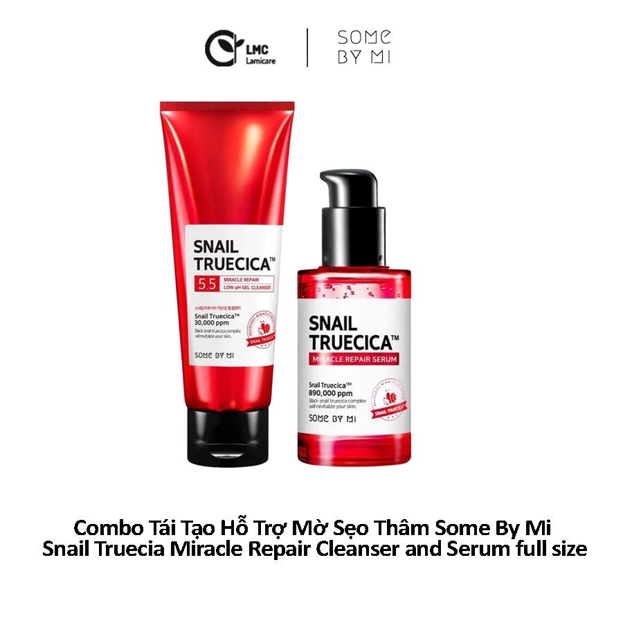 Bộ 2 sản phẩm tái tạo hỗ trợ mờ sẹo thâm some by mi snail truecia miracle repair cleanser and serum full size