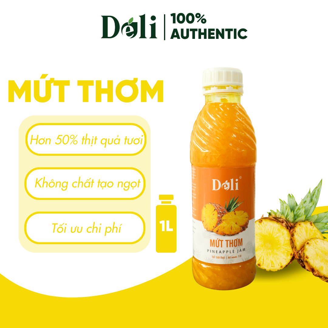 Mứt Thơm Déli chai 1L HSD:18 tháng, nguyên liệu pha chế trà trái cây, soda, smoothie hoặc ăn trực tiếp