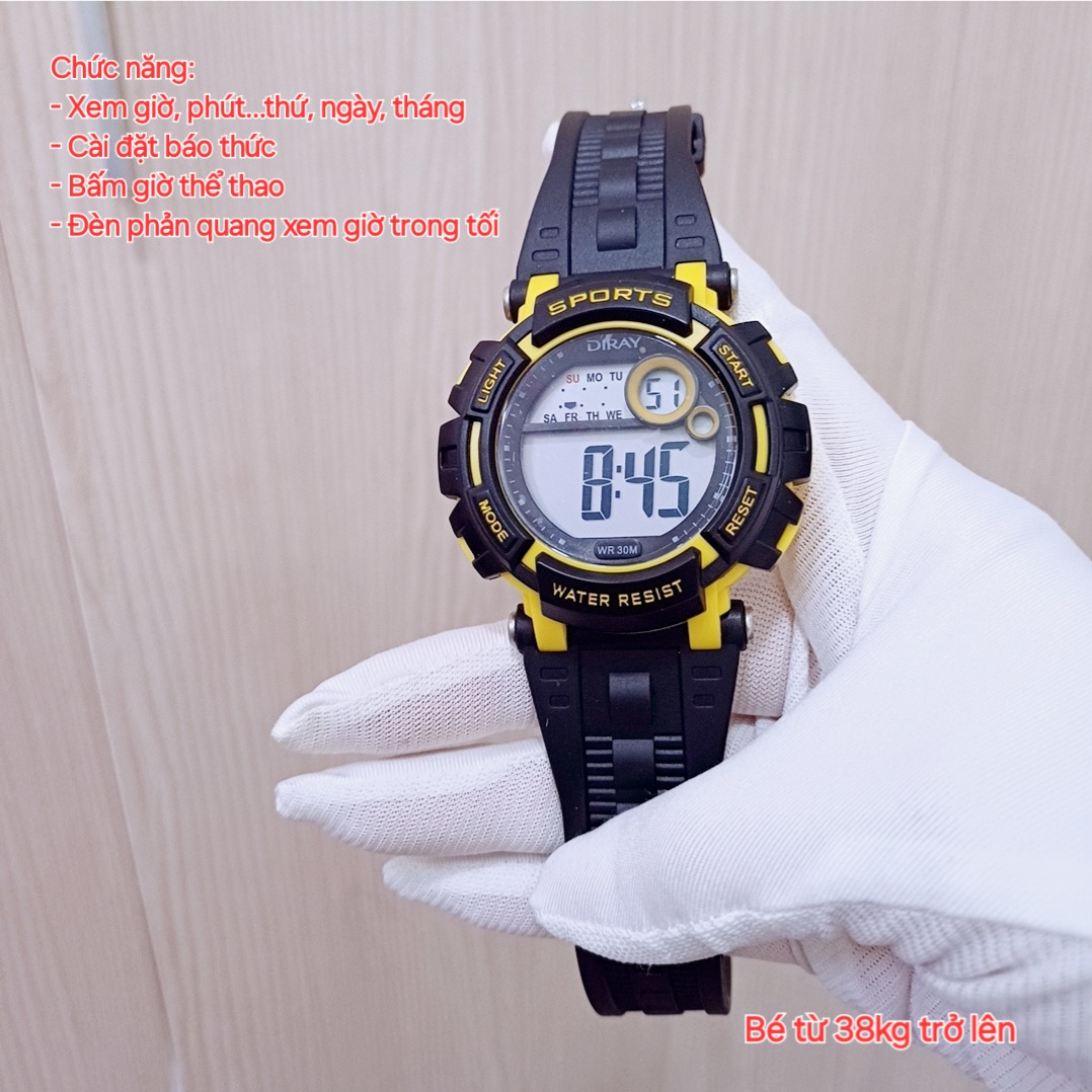 Đồng hồ cho bé Diray điện tử dây màu đen phối nhiều màu, chống nước, hàng hãng bền đẹp