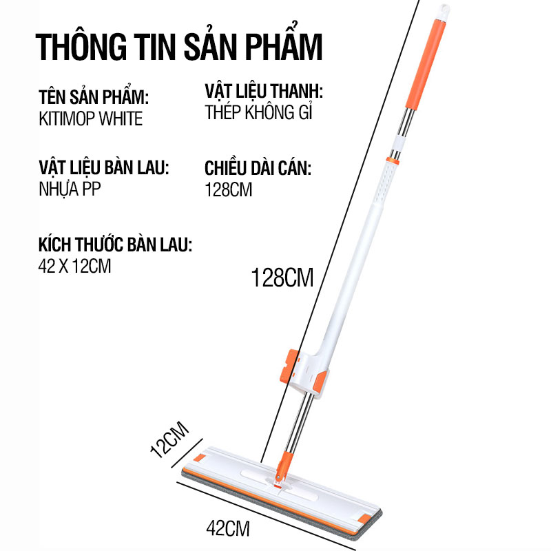 Cây lau nhà tự vắt thông minh không cần thùng, chổi lau nhà 360 độ Kitimop-WHITE