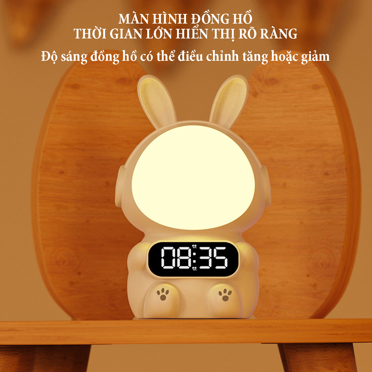 Đồng hồ xem giờ tích hợp đèn ngủ Rabbit điều khiển bằng giọng nói chức năng báo thức điều chỉnh độ sáng 4 cấp, pin sạc dung lượng 1500mA