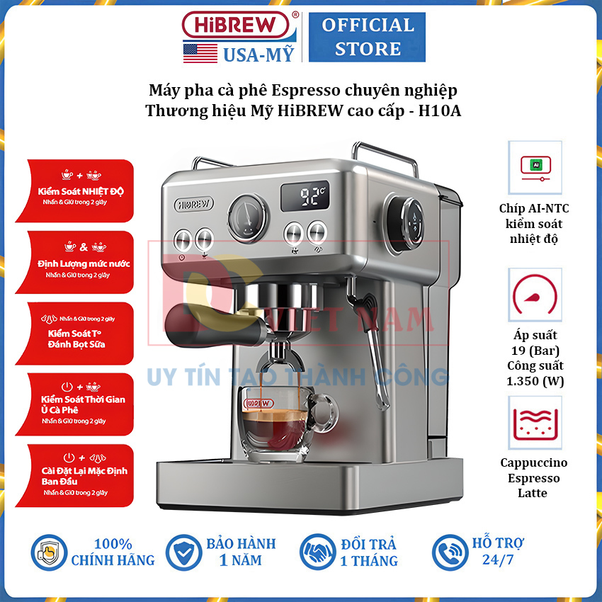 Máy pha cà phê Espresso chuyên nghiệp thương hiệu HiBREW H10A , áp suất 19bar , công suất 1350W - Hàng Chính Hãng