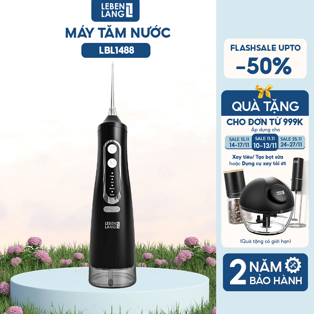Máy tăm nước Lebenlang cầm tay LBT1488, 6W, chống thấm nước 2000mah, 310ml, tích hợp pin, bảo hành 2 năm - hàng chính hãng