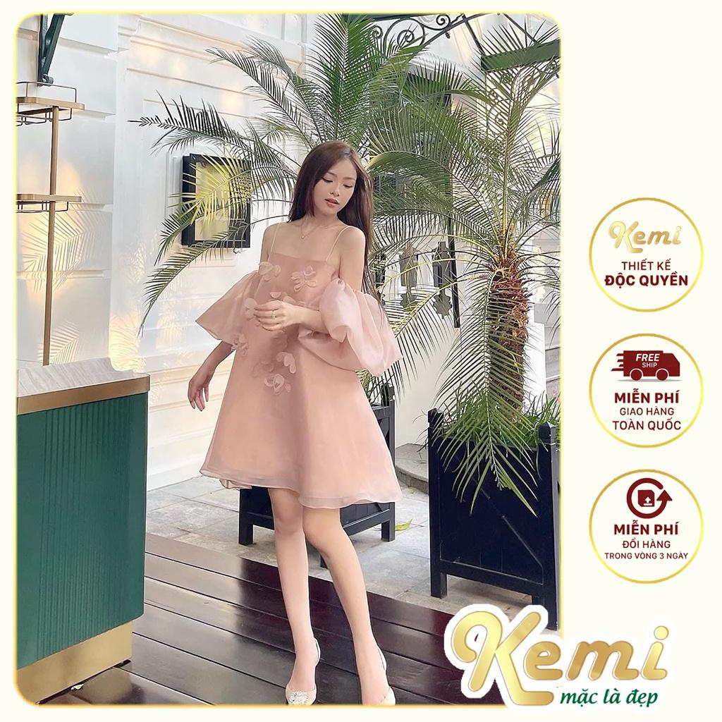 Váy 2 dây tơ hồng đính hoa tay phồng rớt vai dáng tiểu thư 3 màu hồng đen trắng
