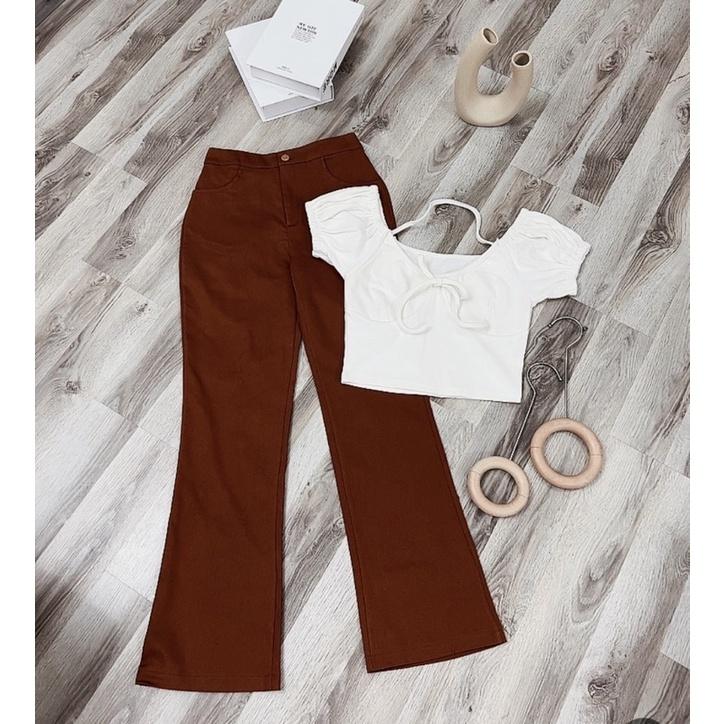 SET ÁO CROPTOP TRẮNG + QUẦN SUÔNG NÂU